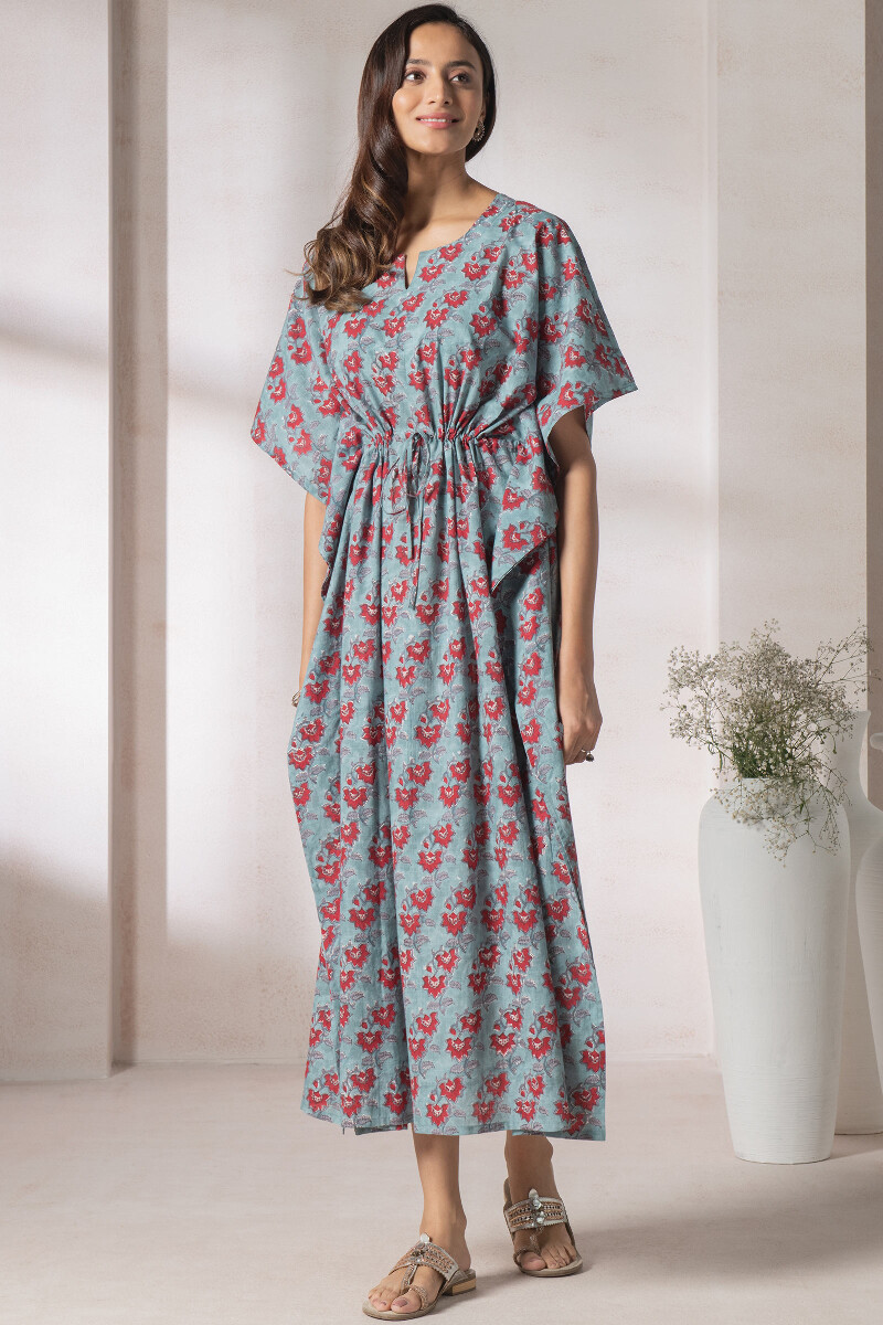 Turquoise Block Printed Cotton Kaftan