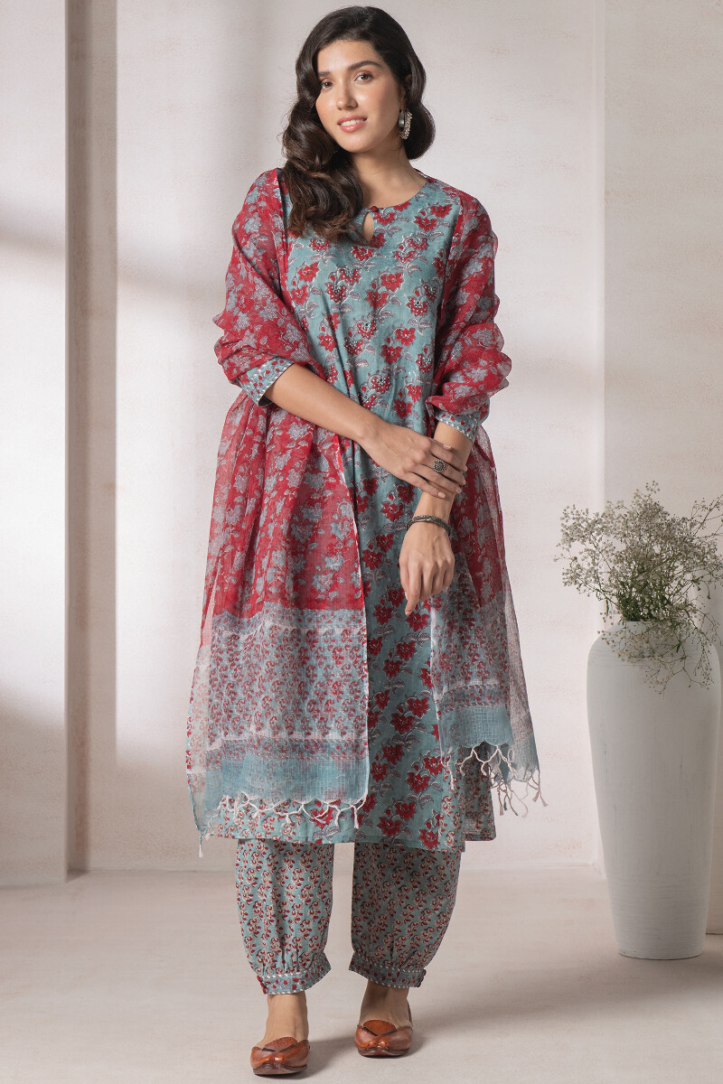 Red Block Printed Kota Dupatta