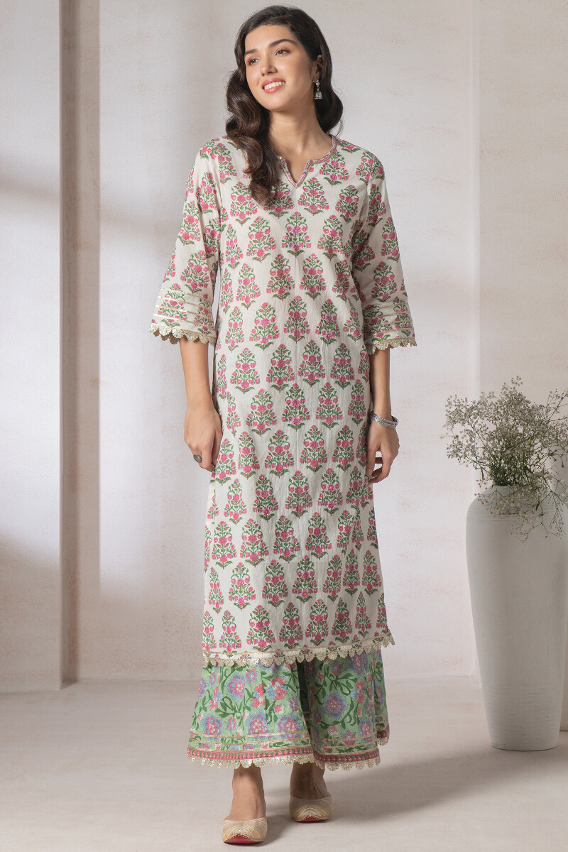 Off-White Block Printed Straight Cotton Kurta