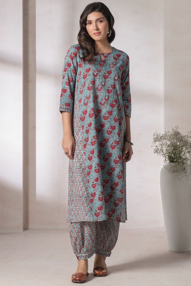 Turquoise Block Printed A-Line Cotton Kurta