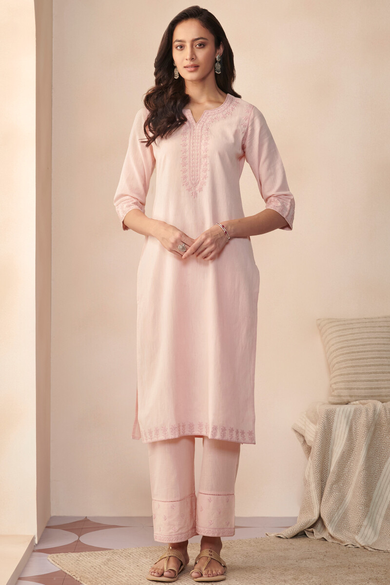 Pink Handcrafted Straight Cotton Kurta