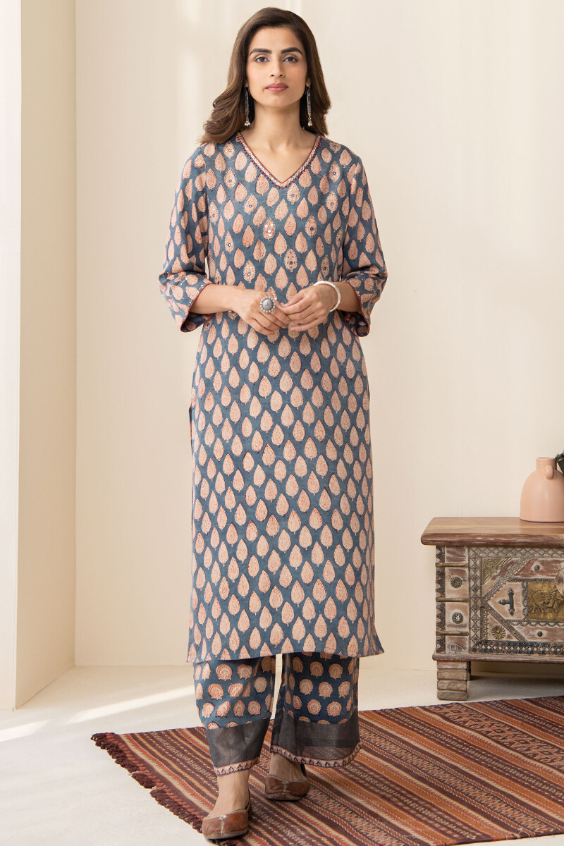 Blue Hand Block Printed Straight Modal Kurta