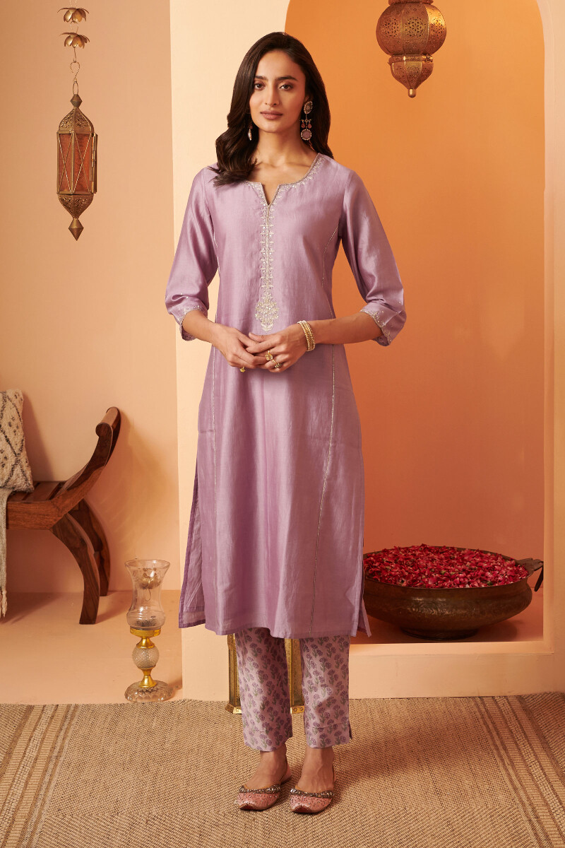 Purple Handcrafted Straight Chanderi Kurta