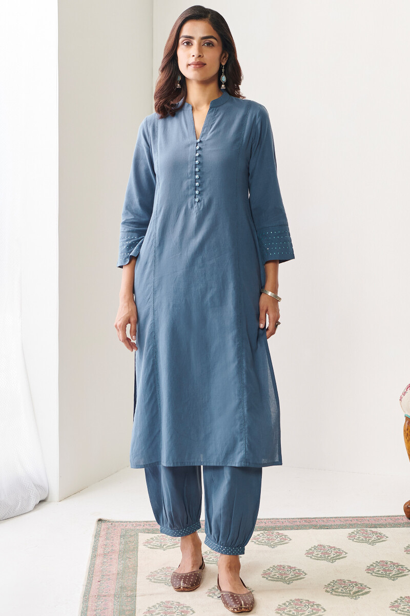 Blue Handcrafted Straight Cotton Kurta