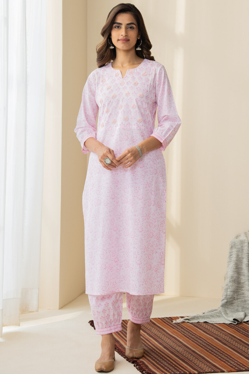 Pink Hand Block Printed Straight Cotton Kurta