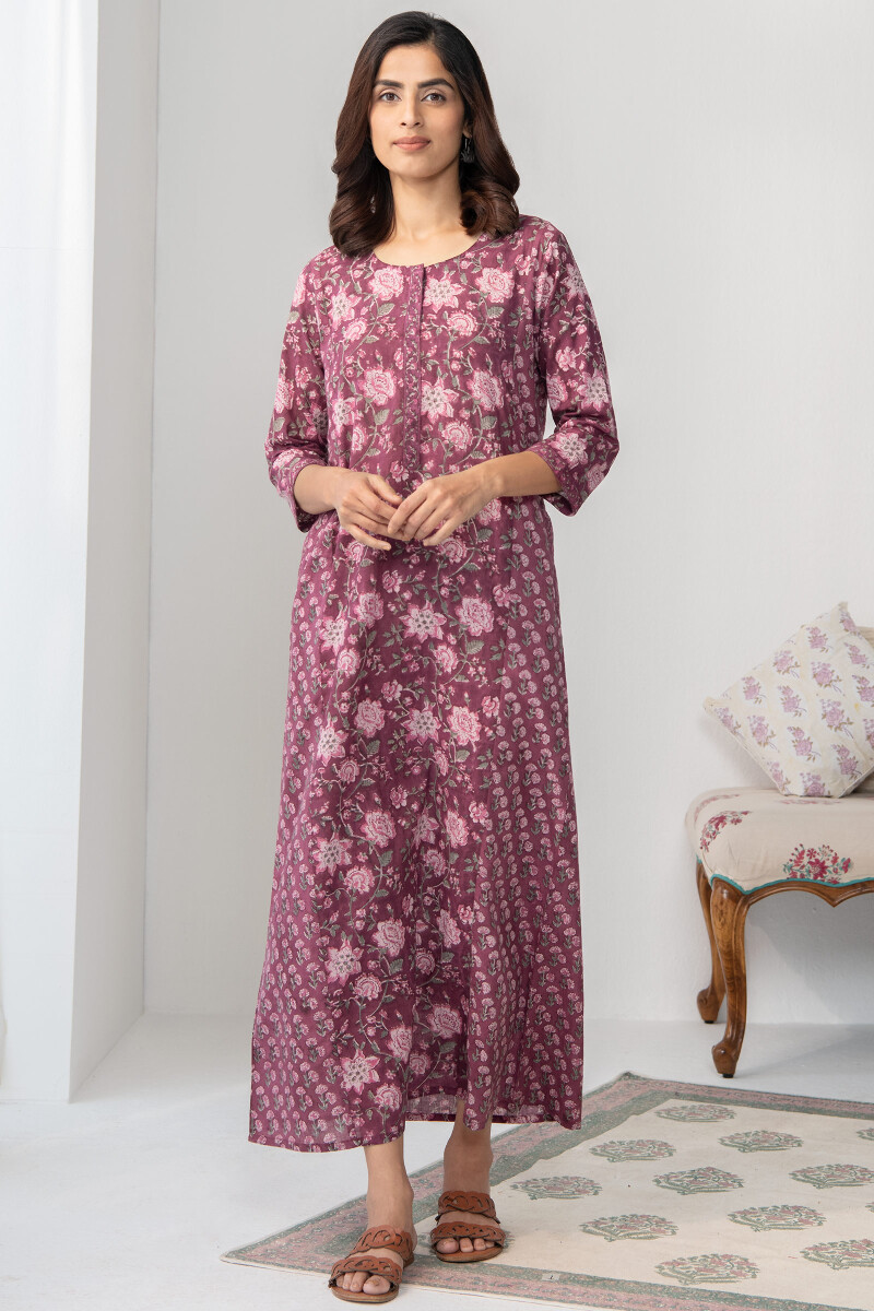 Purple Hand Block Printed Cotton Kaftan