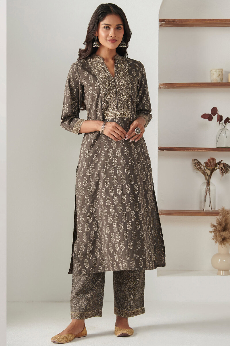 Brown Hand Block Printed Straight Cotton Kurta