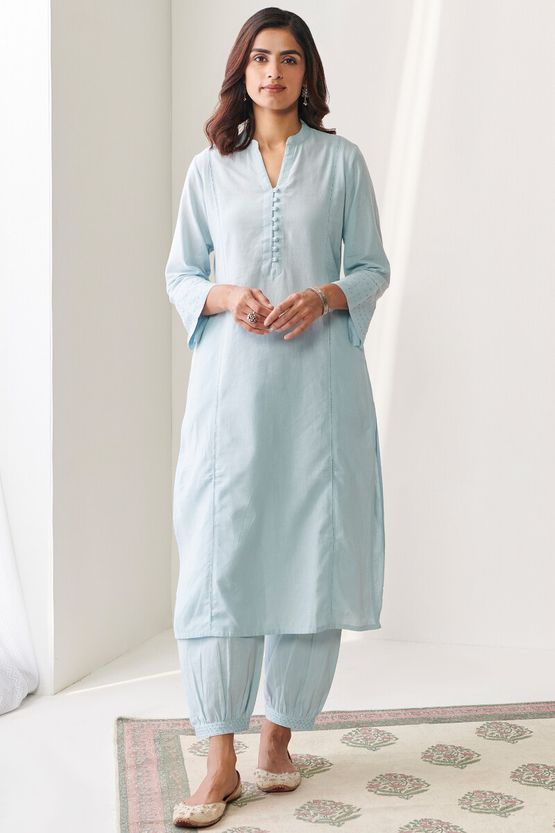 Blue Handcrafted Straight Cotton Kurta