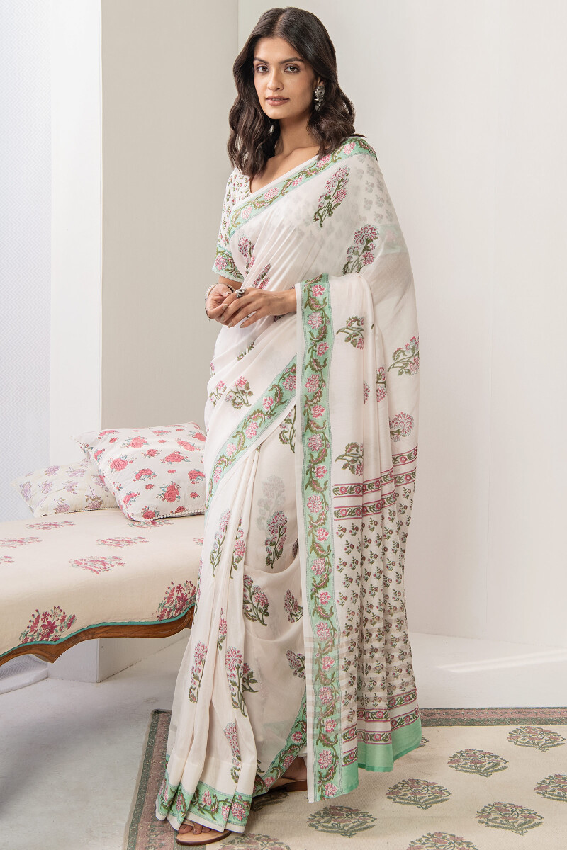 White Hand Block Printed Chanderi Saree