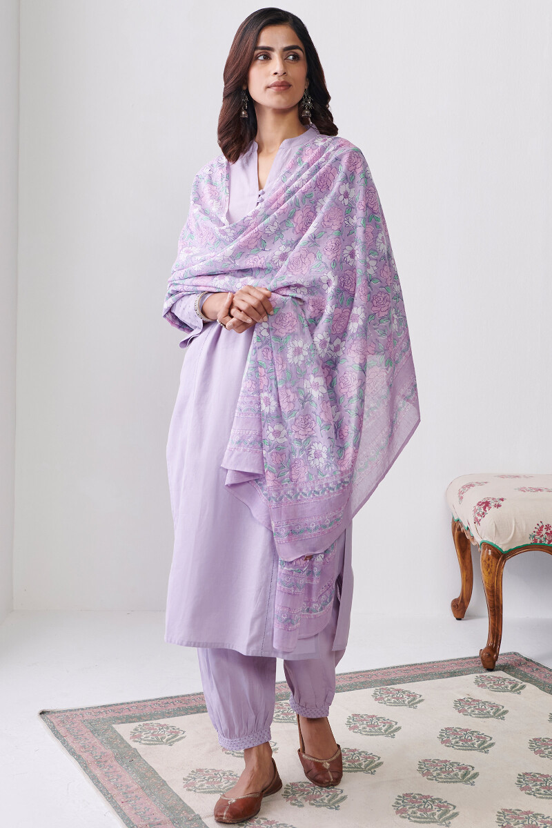 Purple Hand Block Printed Cotton Dupatta