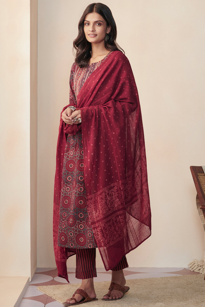 Red Hand Block Printed Cotton Dupatta