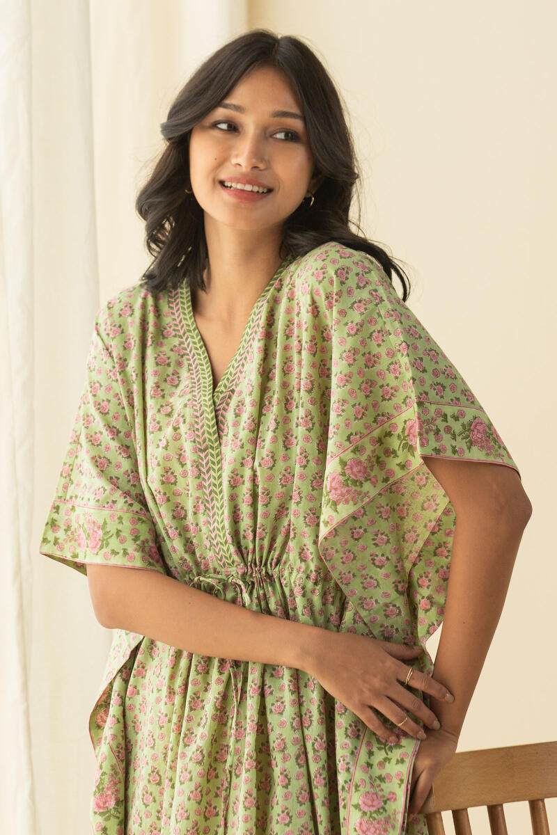 Green Block Printed Cotton Kaftan