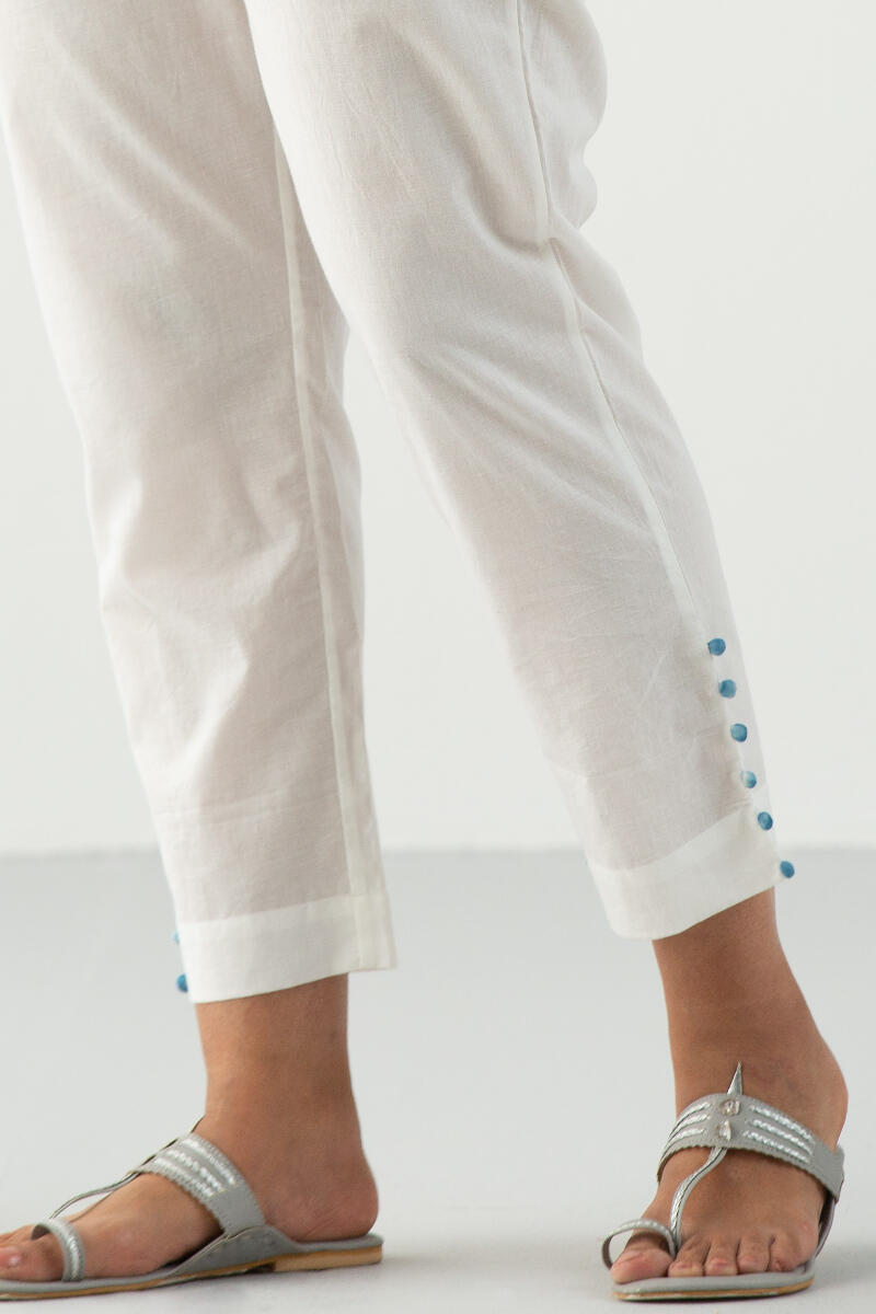 White Handcrafted Cotton Narrow Pants