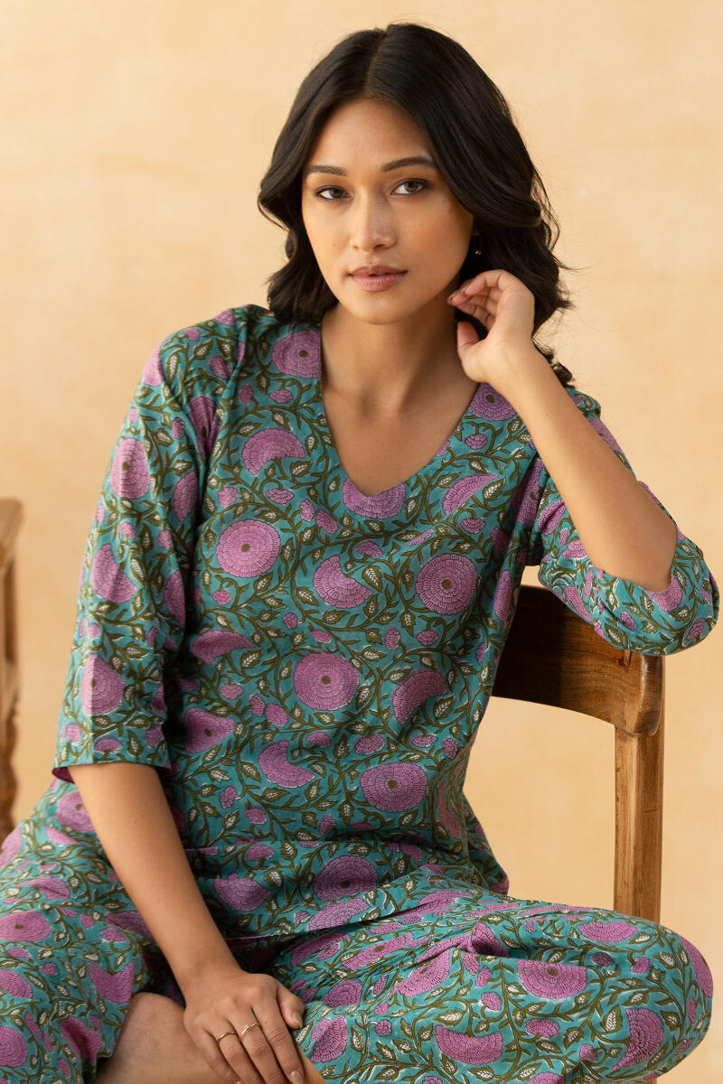 Green Block Printed Cotton Pyjama Set