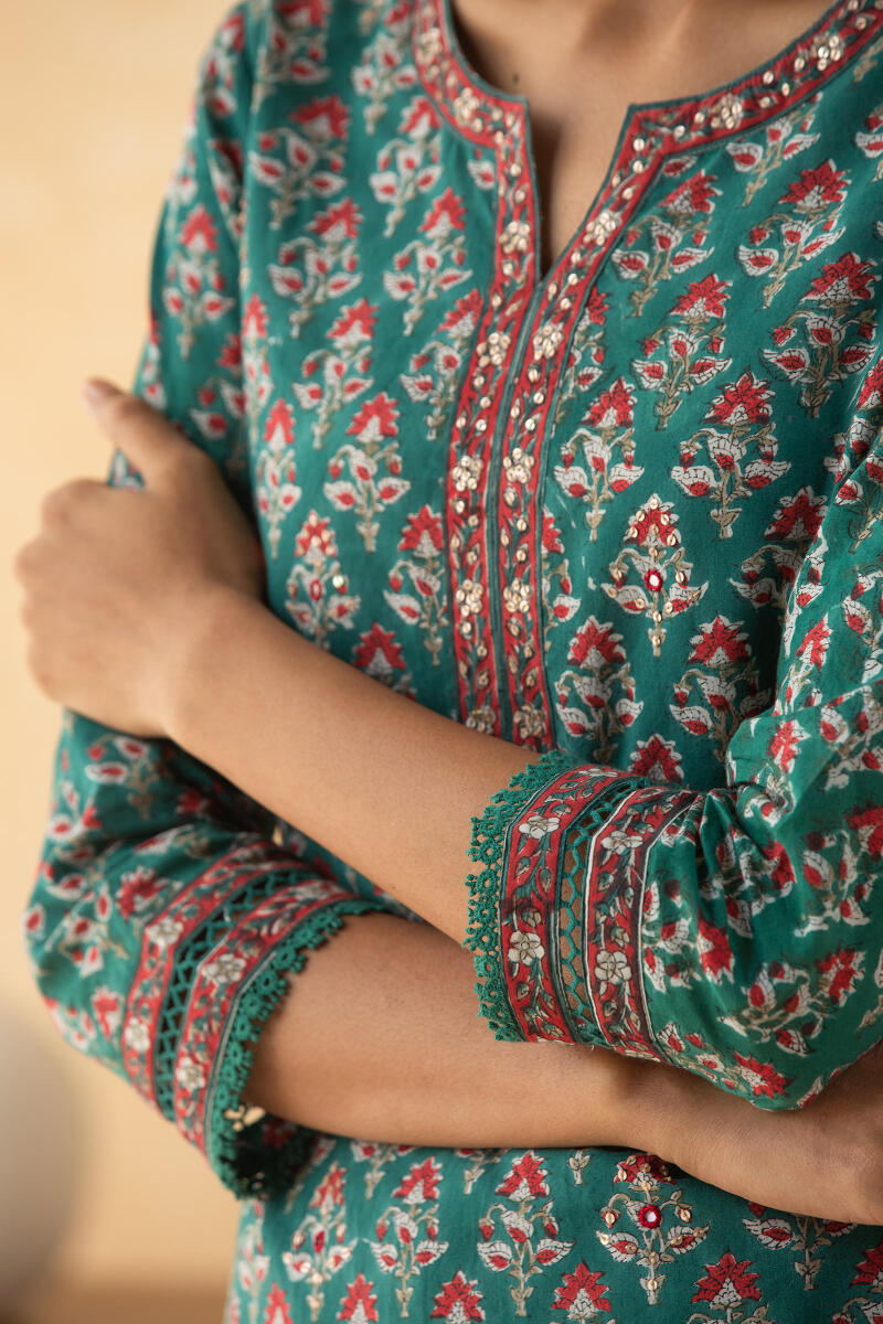 Green Block Printed Straight Cotton Kurta