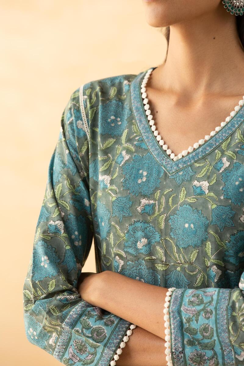 Grey Block Printed A-Line Cotton Kurta