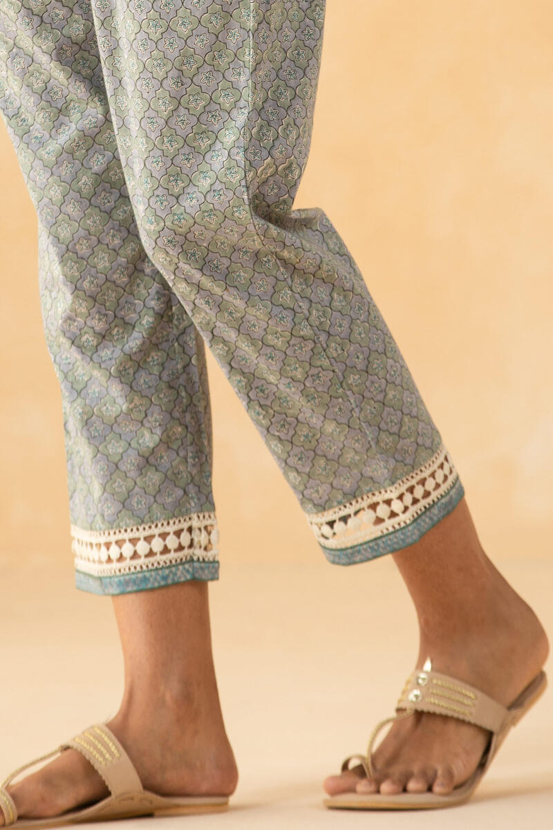 Grey Block Printed Cotton Narrow Pants