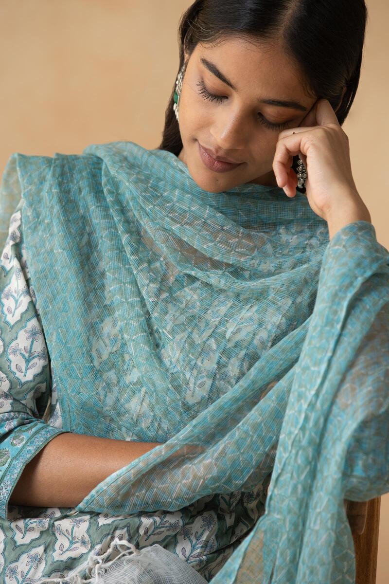 Blue Block Printed Kota Dupatta