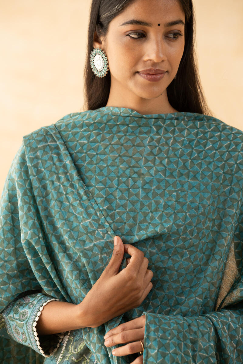 Grey Block Printed Cotton Dupatta