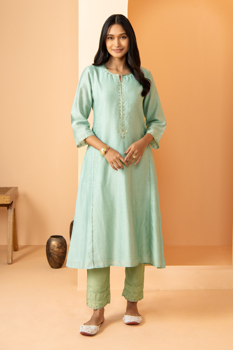 Green Block Printed Straight Muslin Kurta