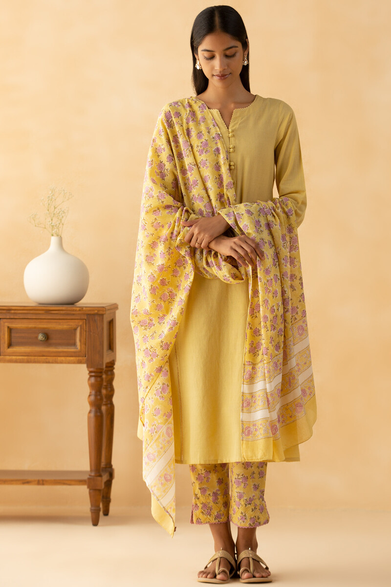 Yellow Block Printed Cotton Dupatta