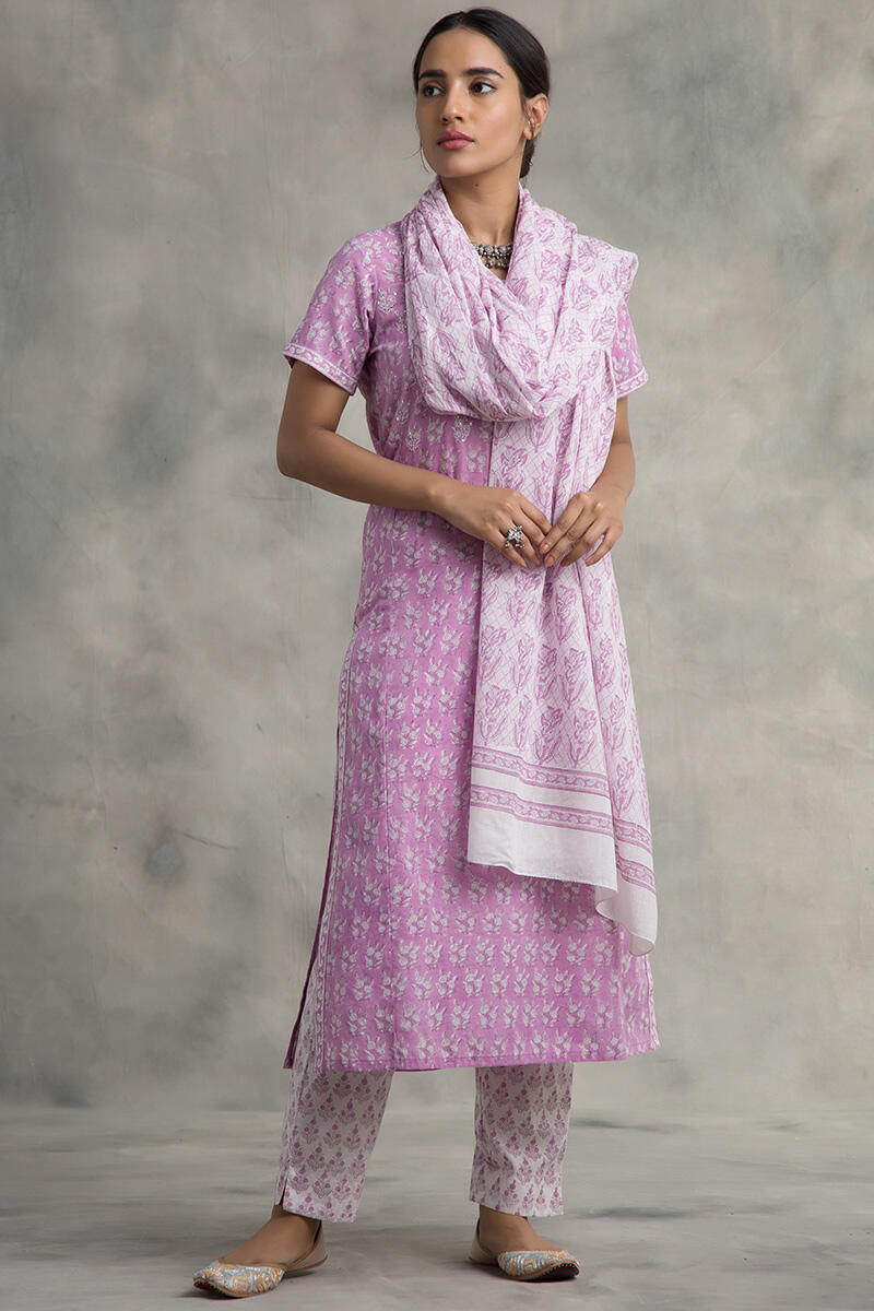 Pink Block Printed Straight Cotton Kurta