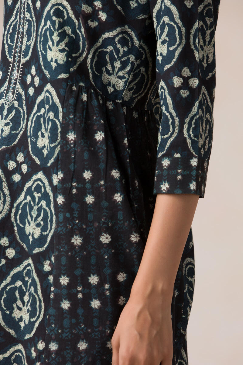 Black Block Printed A-Line Cotton Kurta