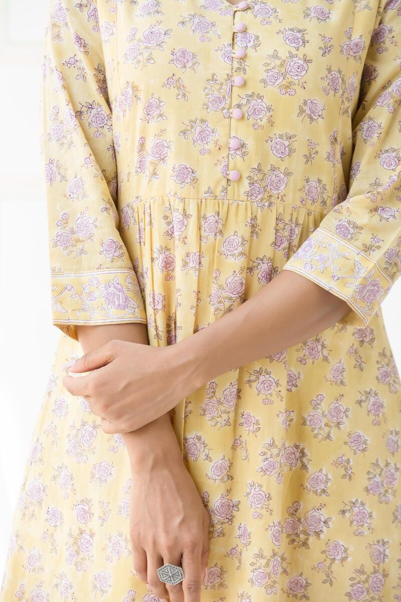 Yellow Block Printed Cotton Dress