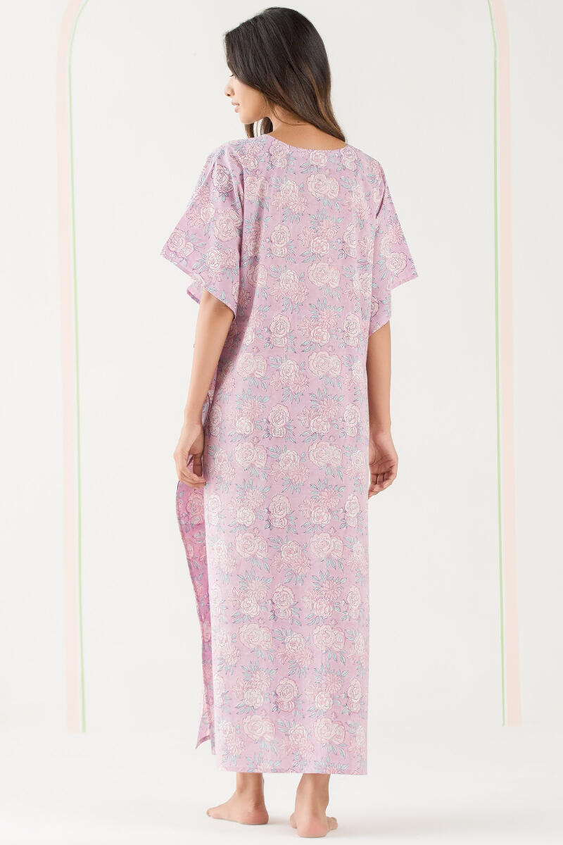 Purple Block Printed Cotton Kaftan