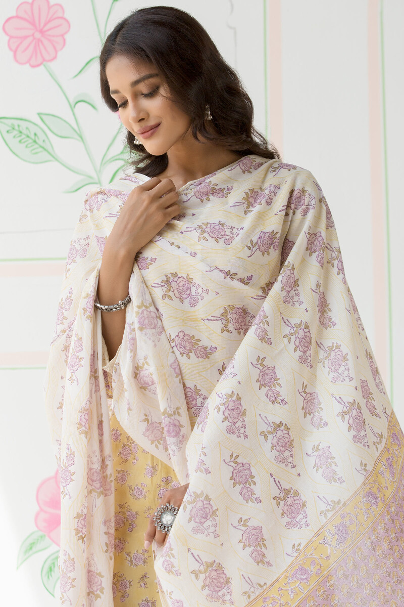 Yellow Block Printed Cotton Dupatta