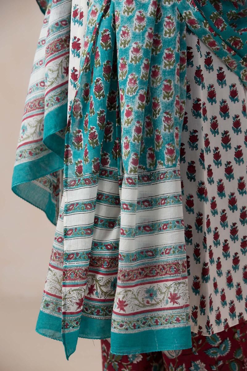 Turquoise Block Printed Cotton Dupatta