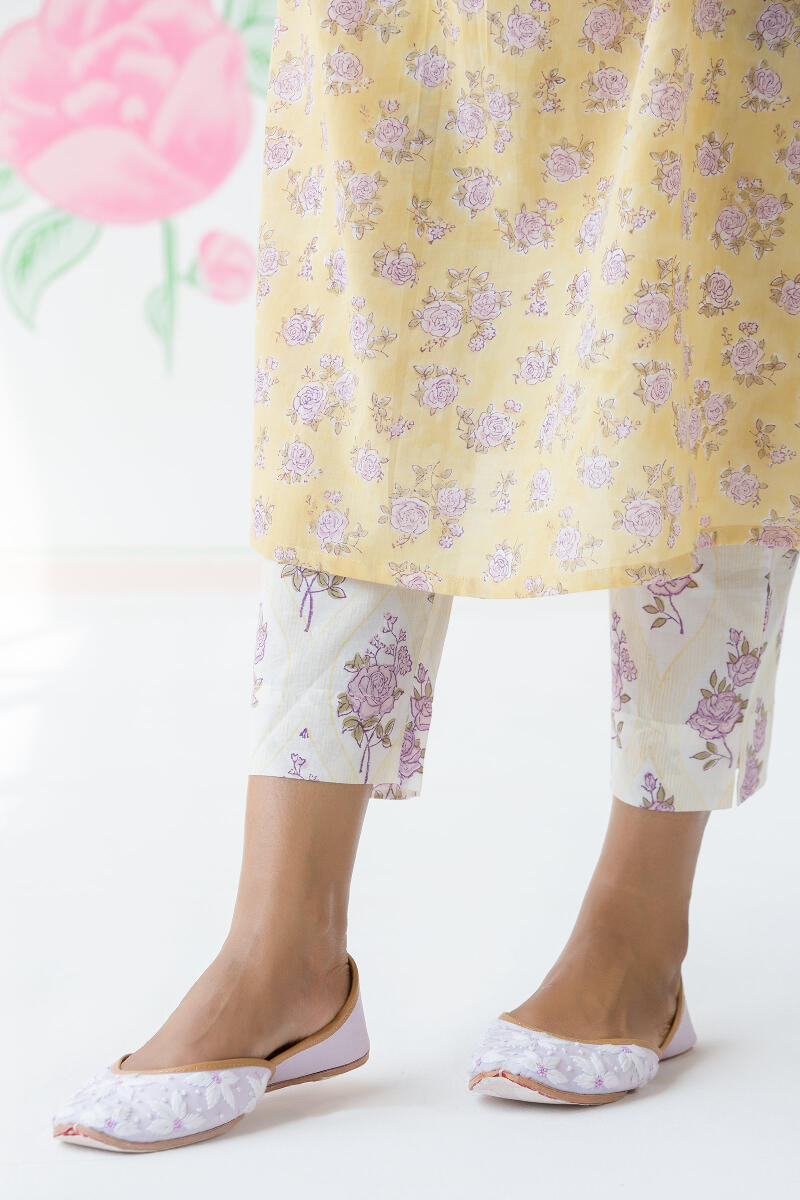 Yellow Block Printed Cotton Narrow Pants