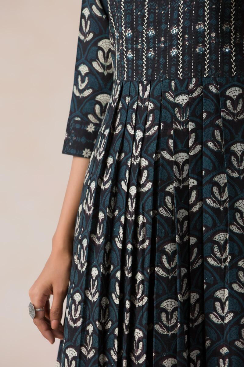 Black Block Printed A-Line Cotton Kurta