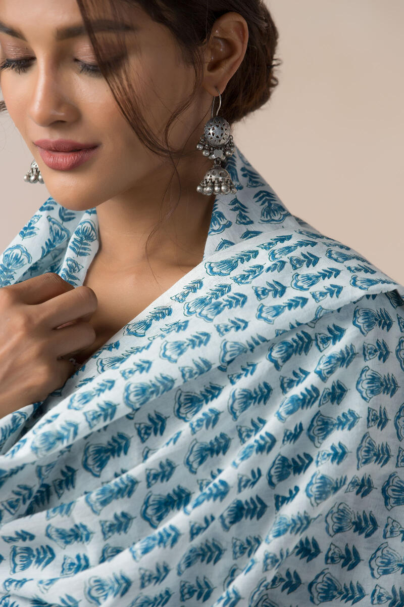 Blue Block Printed Cotton Dupatta