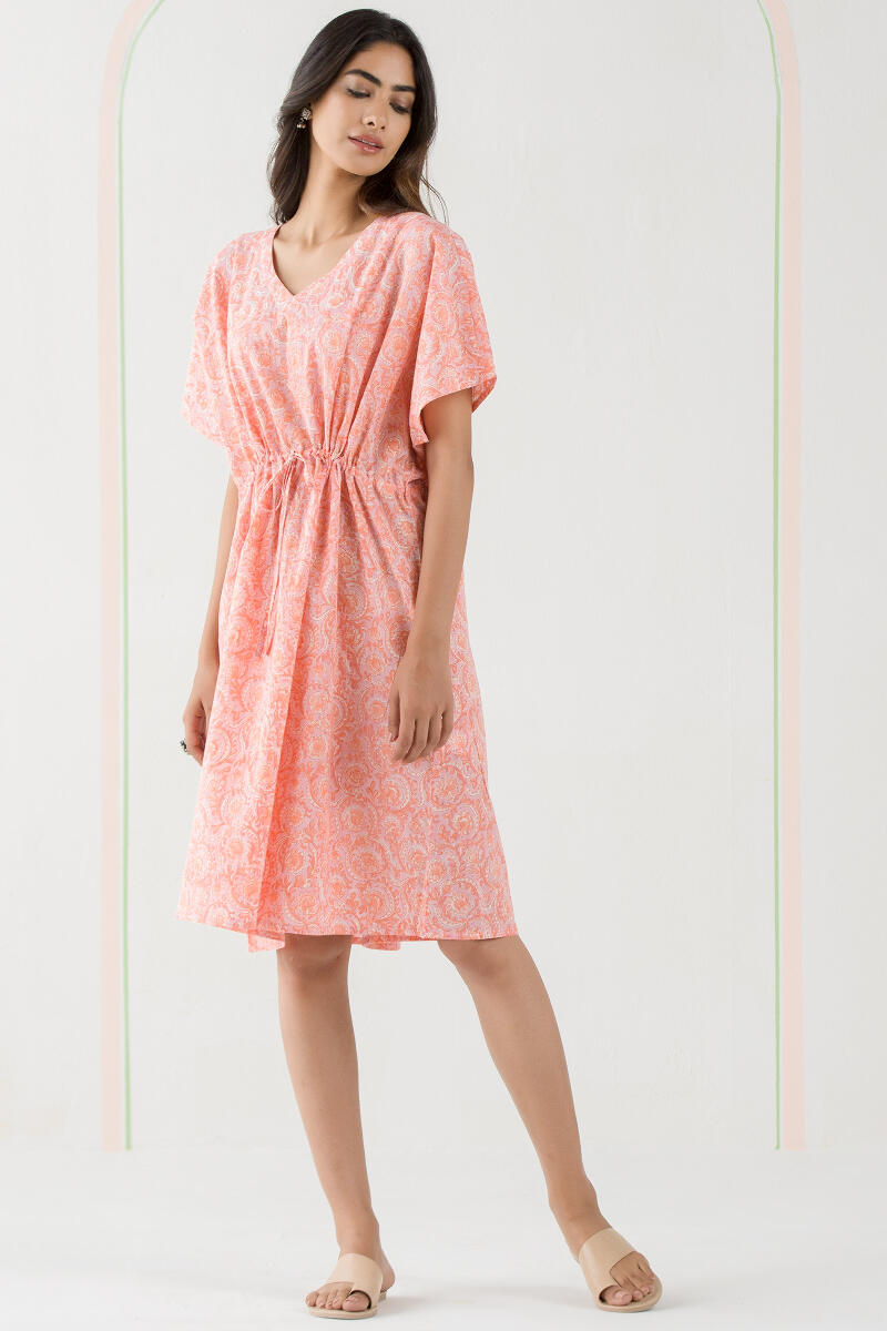 Orange Block Printed Cotton Kaftan