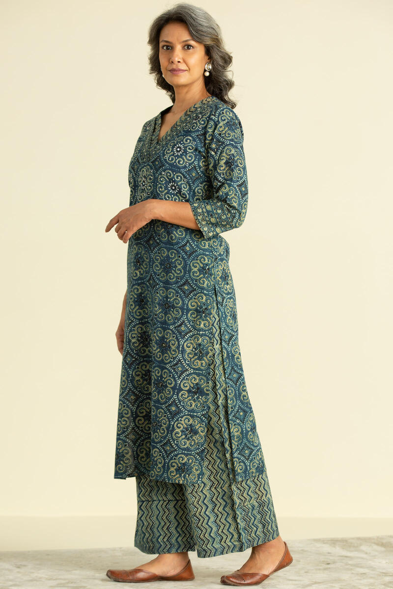 Indigo Block Printed Straight Cotton Kurta