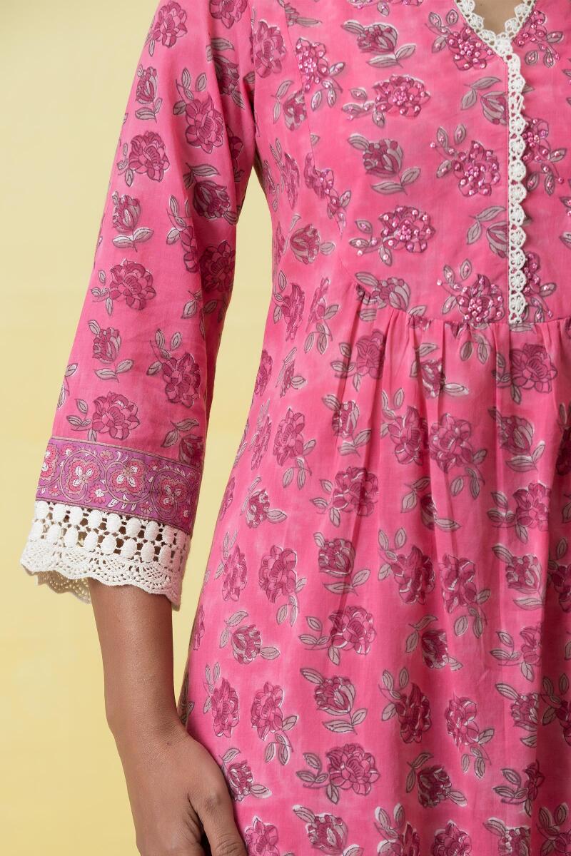 Pink Block Printed A-Line Cotton Kurta