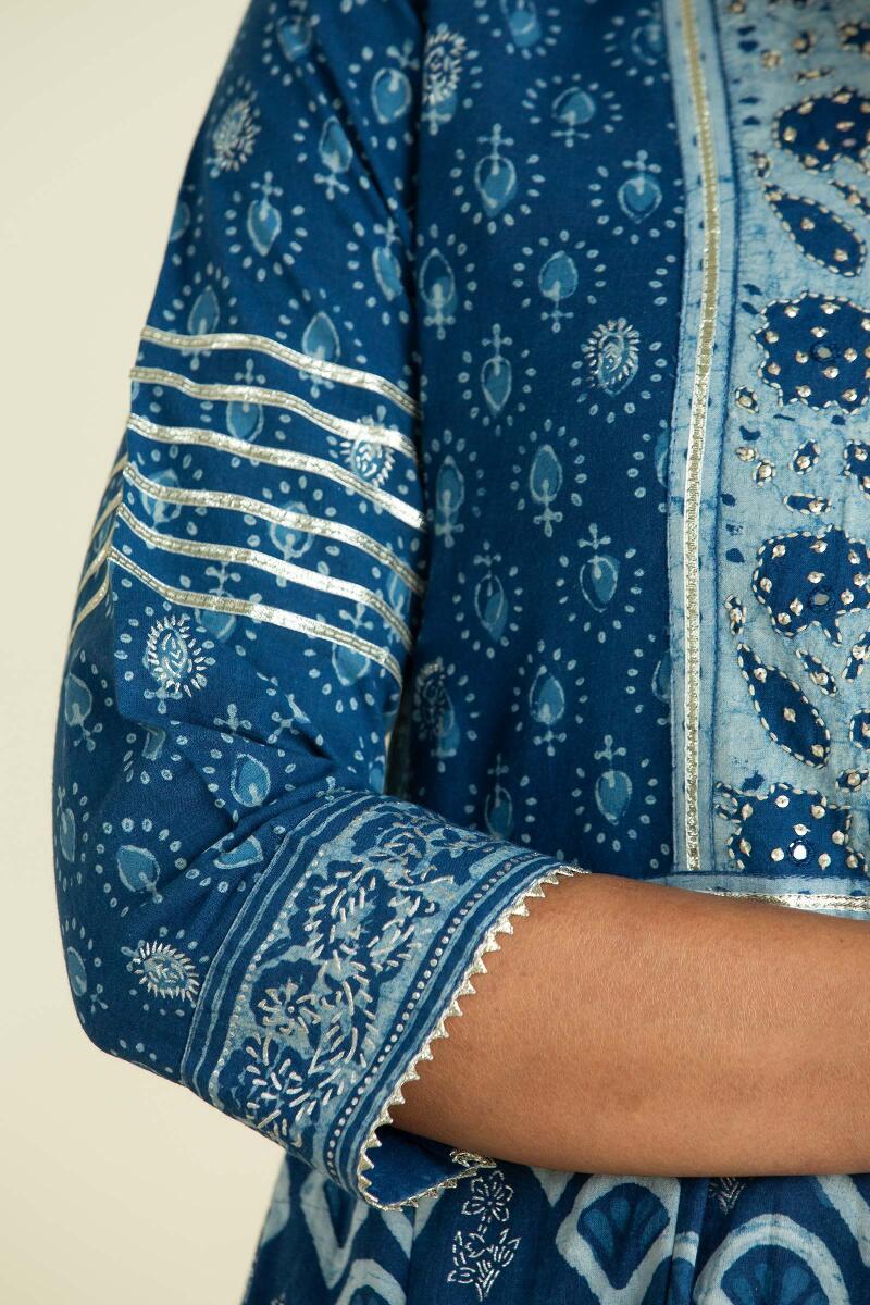 Indigo Block Printed A-Line Cotton Kurta