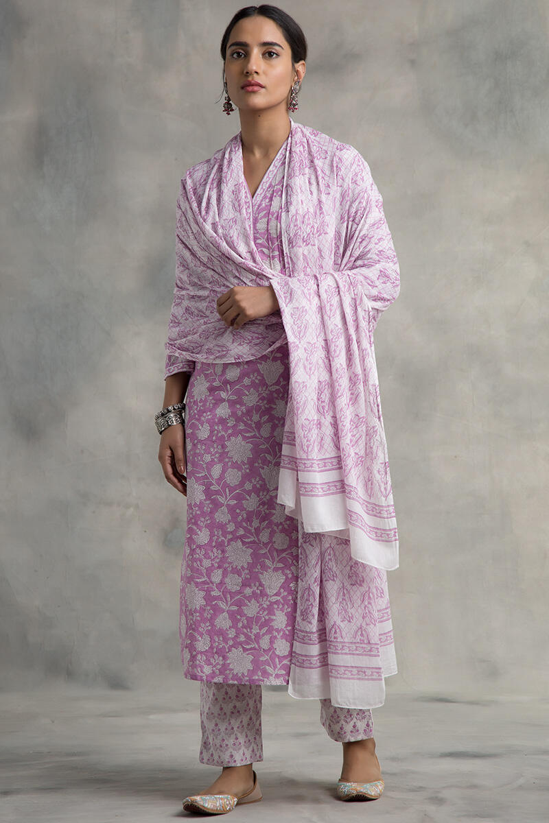 Purple Block Printed Cotton Dupatta