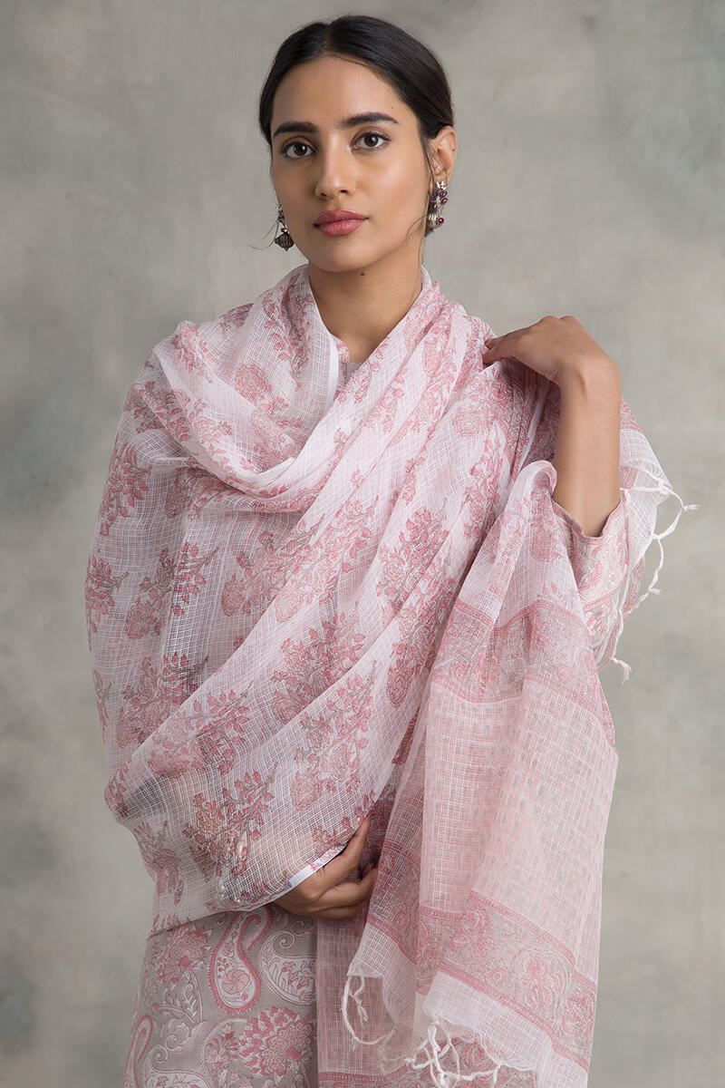 Pink Block Printed Kota Dupatta