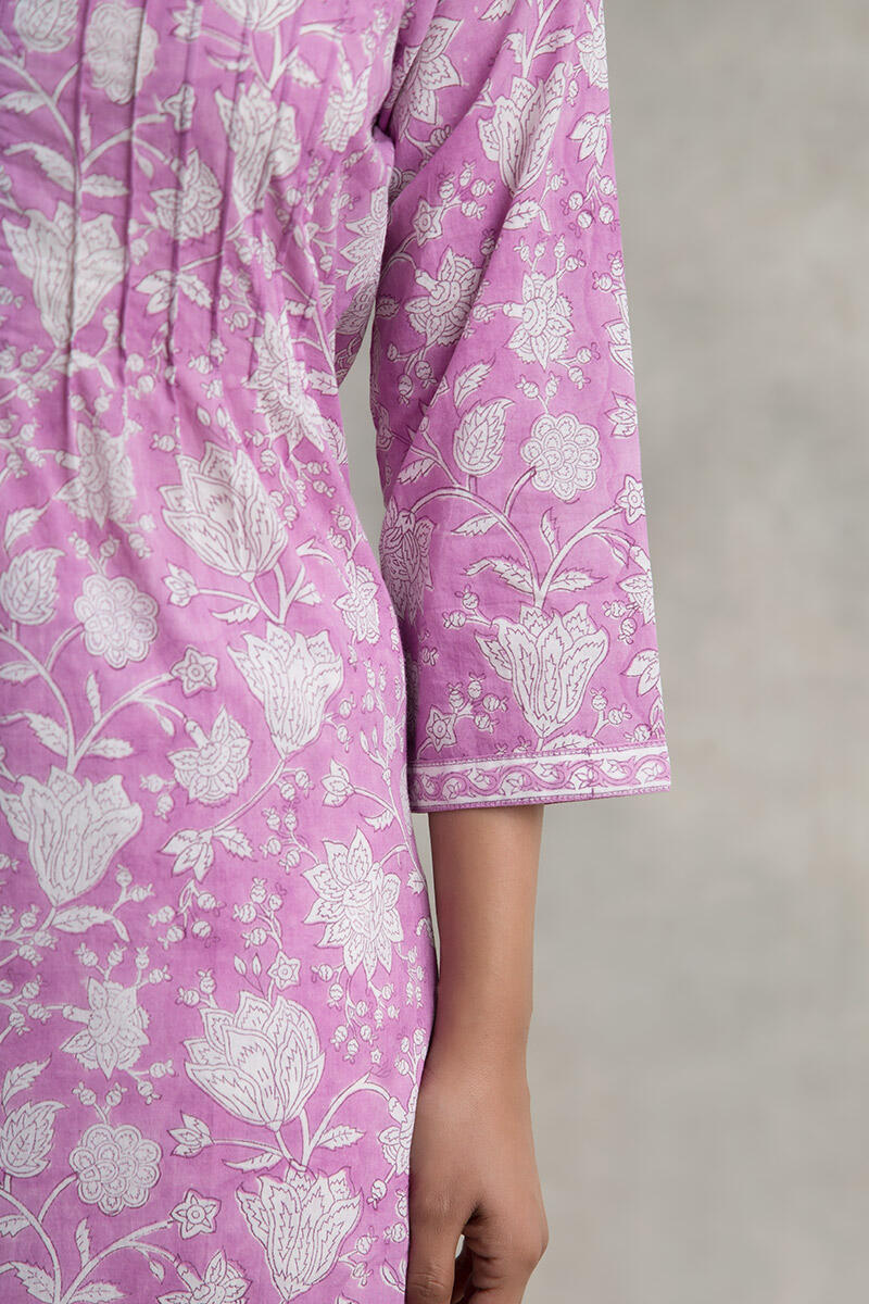 Pink Block Printed Straight Cotton Kurta