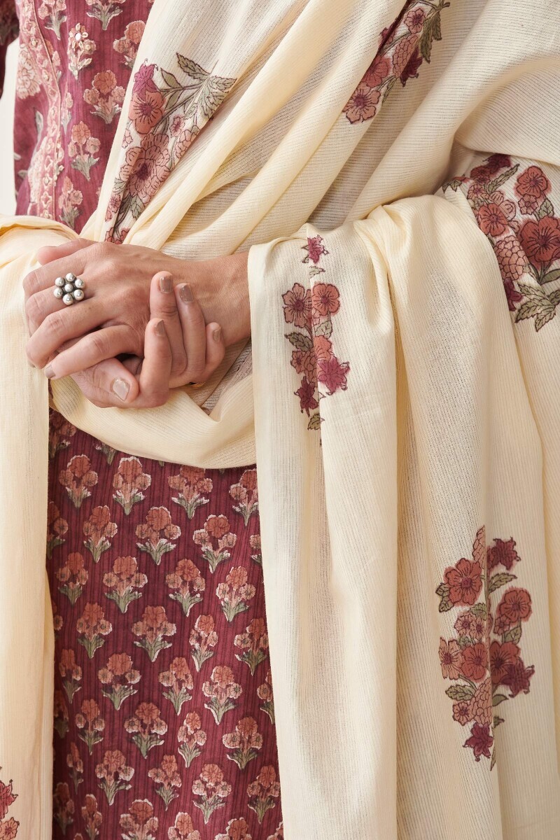 Beige Hand Block Printed Cotton Dupatta