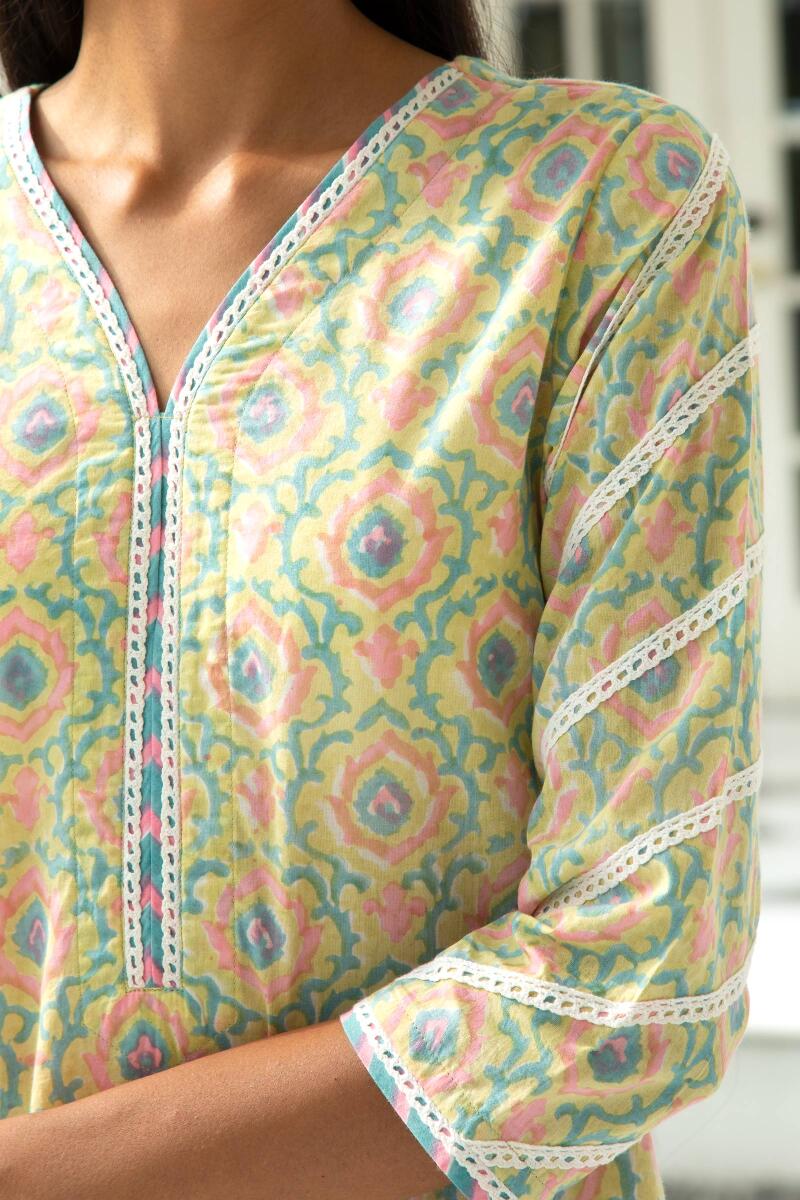 Green Block Printed Straight Cotton Kurta