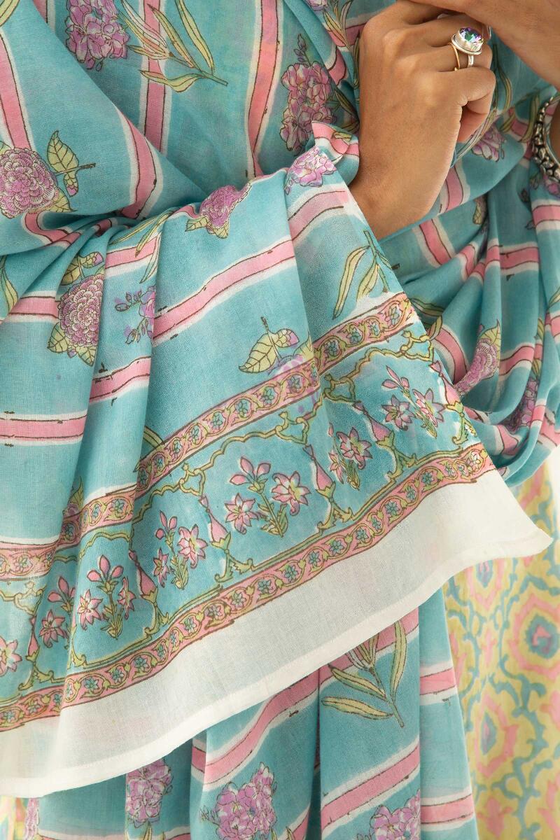 Turquoise Block Printed Cotton Dupatta