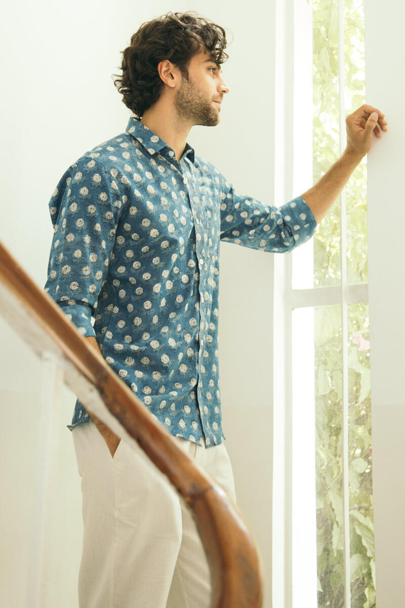 Indigo Block Printed Cotton Shirt