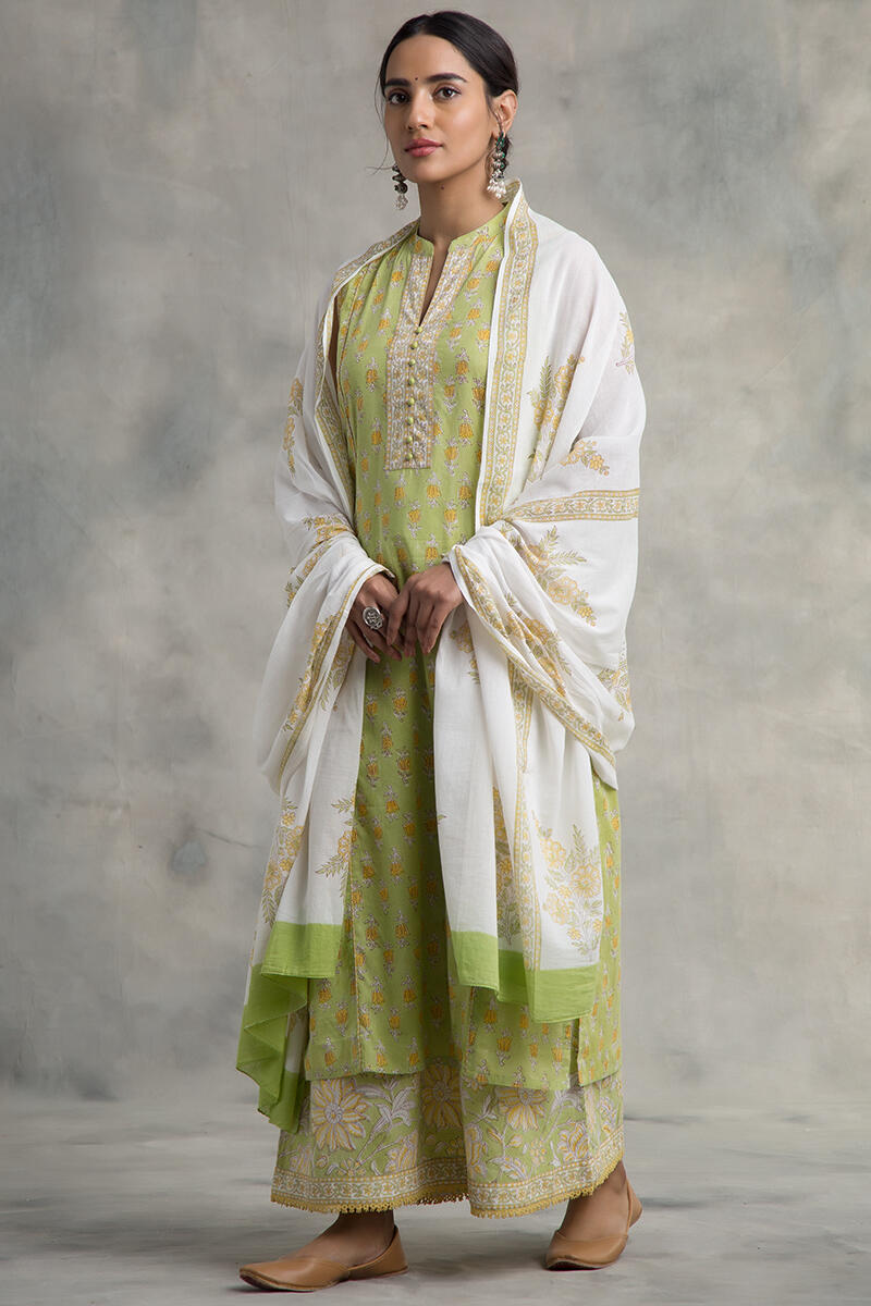 Green Block Printed Straight Cotton Kurta