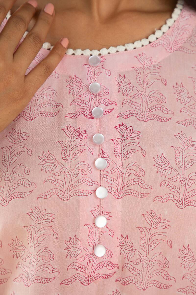 Pink Block Printed Straight Cotton Modal Kurta