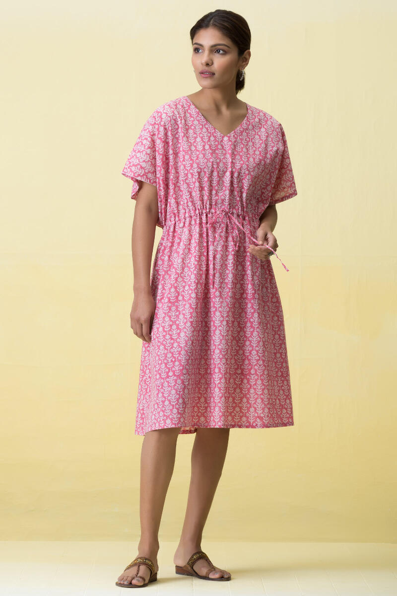 Pink Block Printed Cotton Short Kaftan