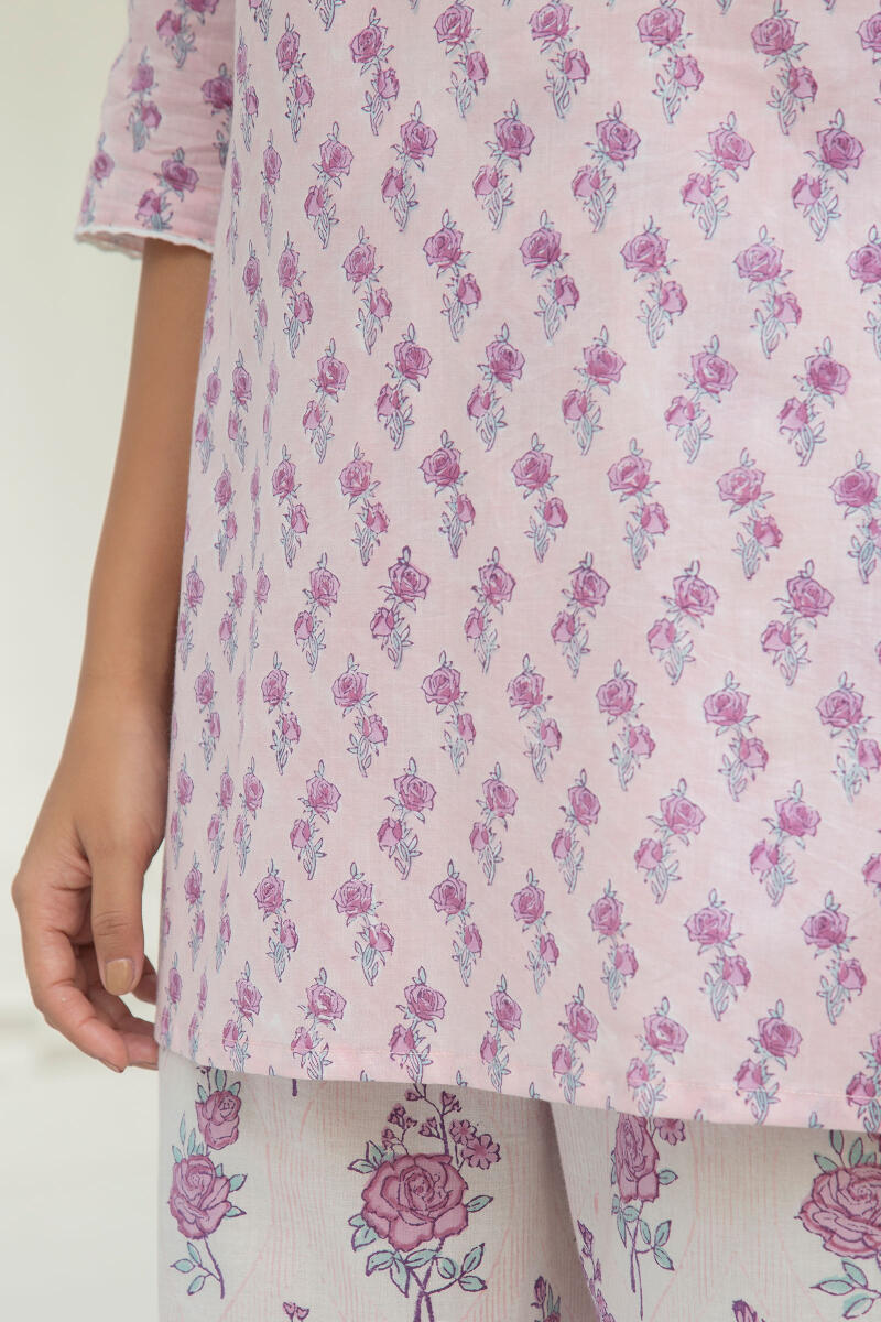 Purple Block Printed Cotton Pyjama Set