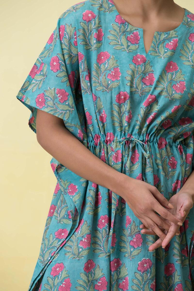 Blue Block Printed Cotton Kaftan